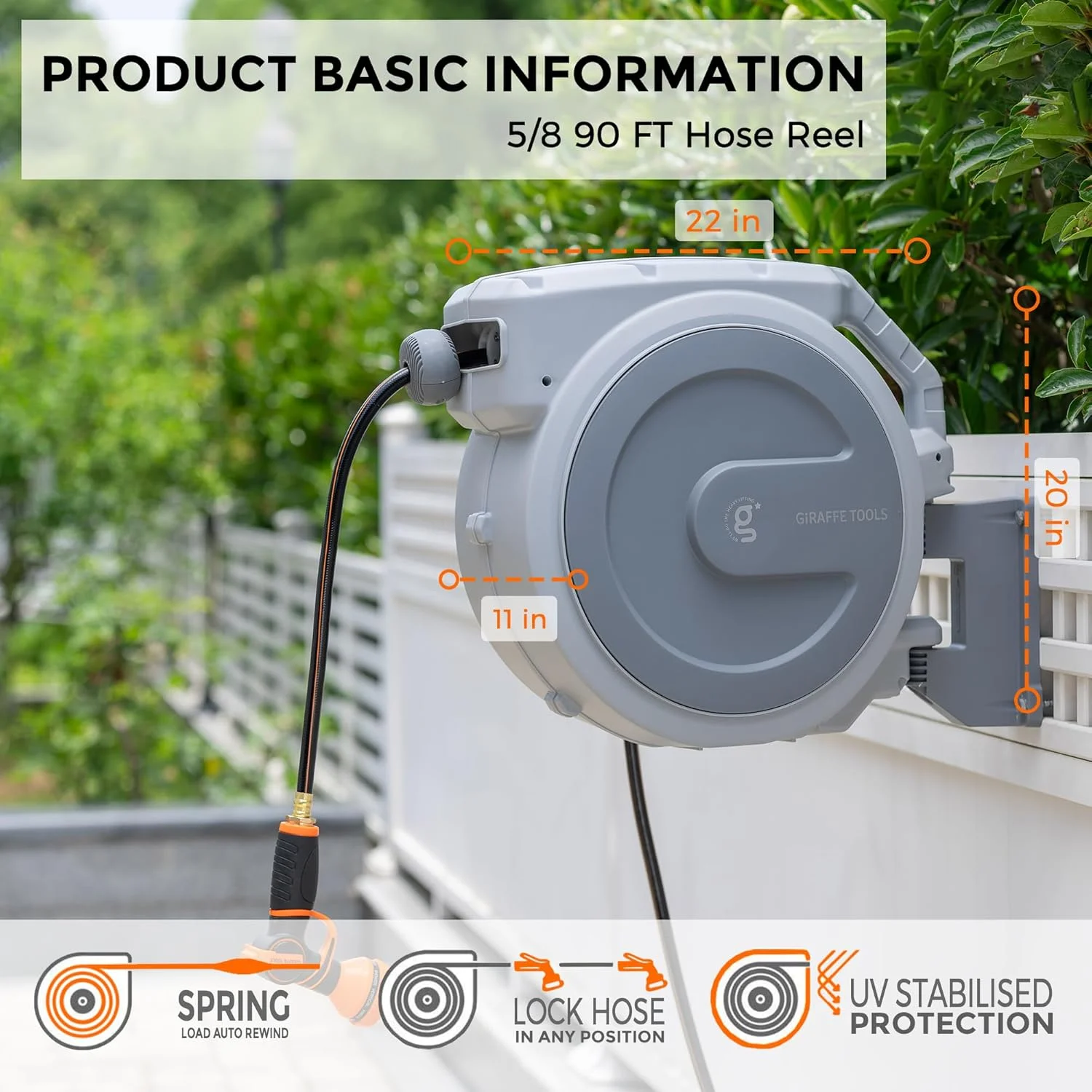 Giraffe Tools Retractable Garden Hose Reel with 1/2in-100ft Water Hose, Plastic Bracket, Wall Mounted, Dark Grey - Image 60