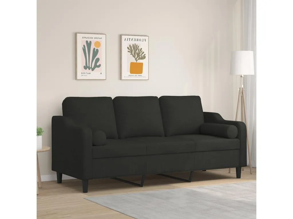 Sofá de 3 plazas con cojines tela negro 180 cm 15538bgrm
