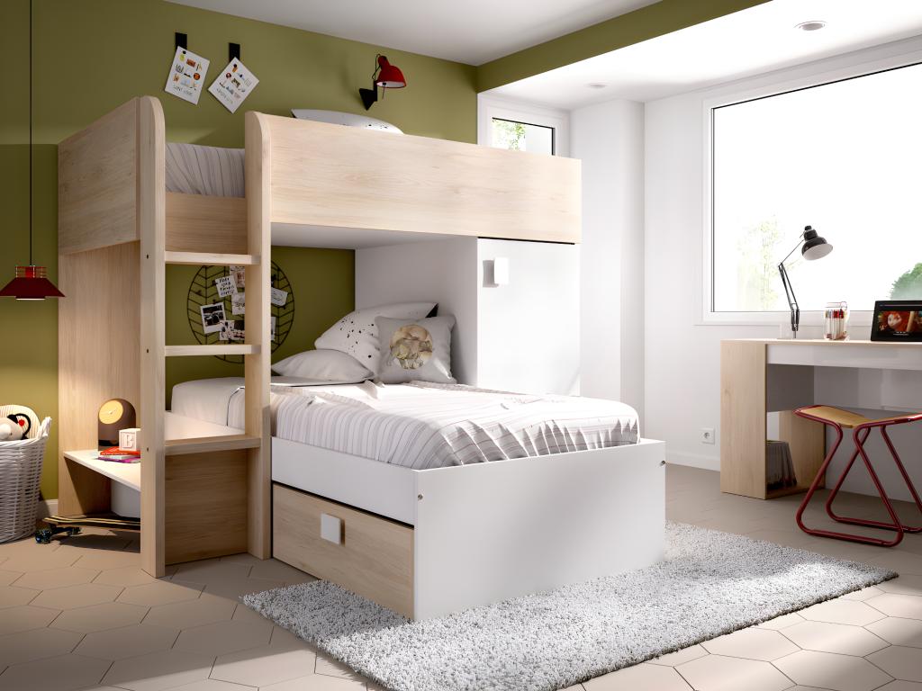 Cama tren reversible rinconera RICARDO - 2 x 90 x 190 cm - Compartimentos - roble y blanco + colchón