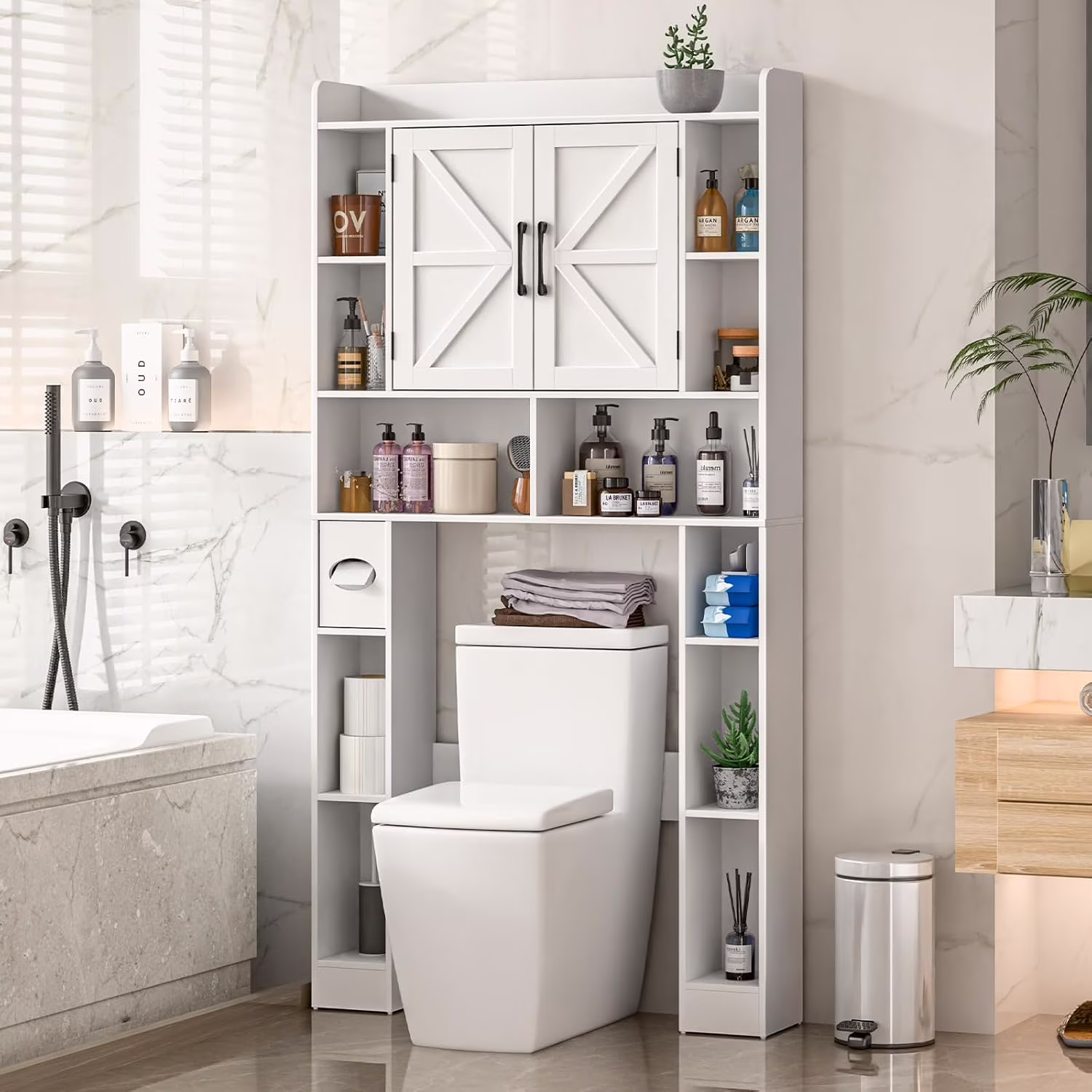 Vabches Over The Toilet Storage Cabinet, Freestanding Bathroom Space Saver with Adjustable Shelf and 2 Doors - Image 3