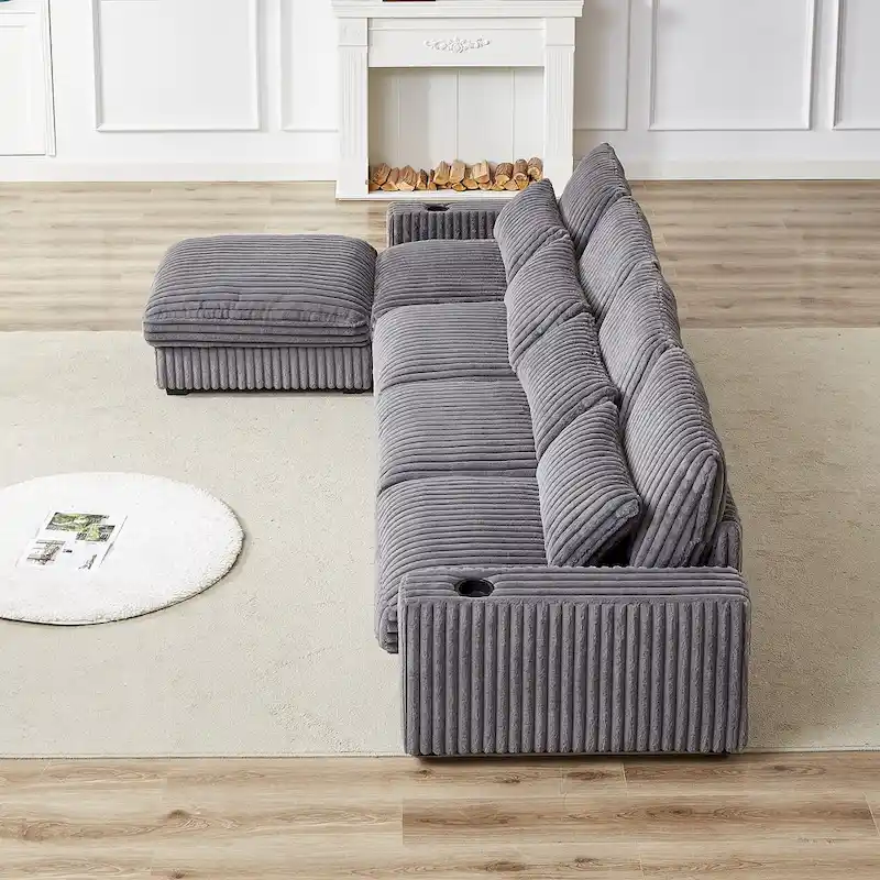 126W Large L-Shaped Corduroy Sofa with USB Charging Port