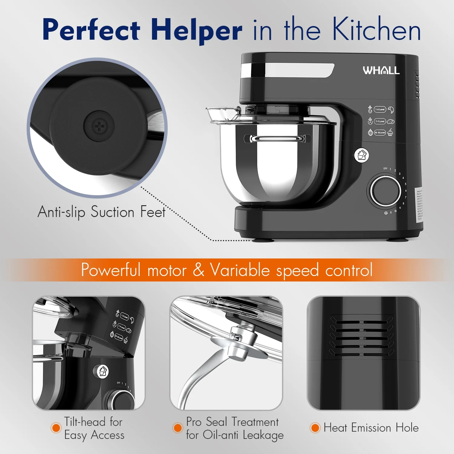 WHALL Stand Mixer - 5.5Qt 12-Speed Tilt-Head Electric Kitchen Mixer with Dough Hook/Wire Whip/Beater, Stainless Steel Bowl (Black) New - Image 6