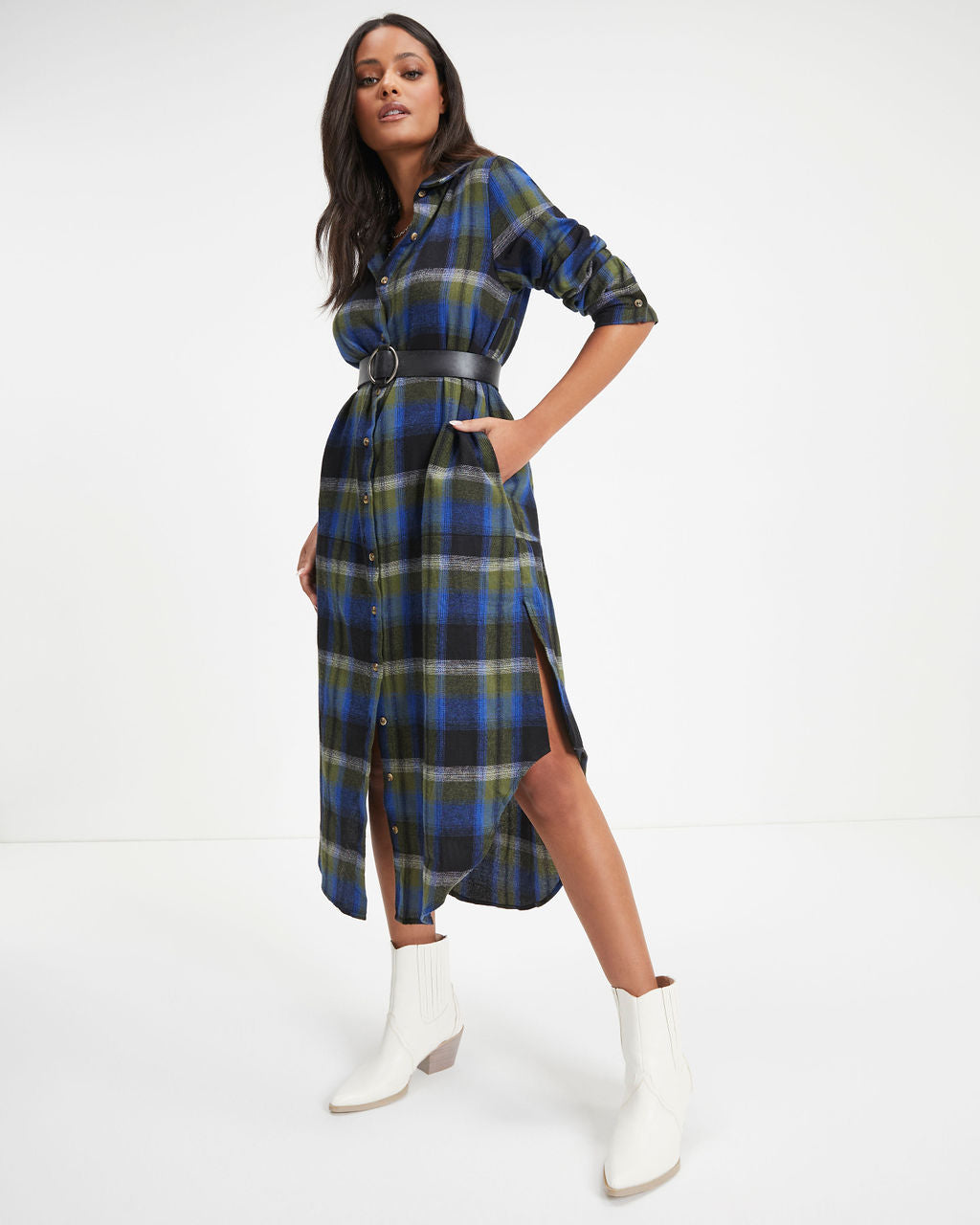 Jonathan Pocketed Plaid Button Down Midi Dress - Se7enfashion