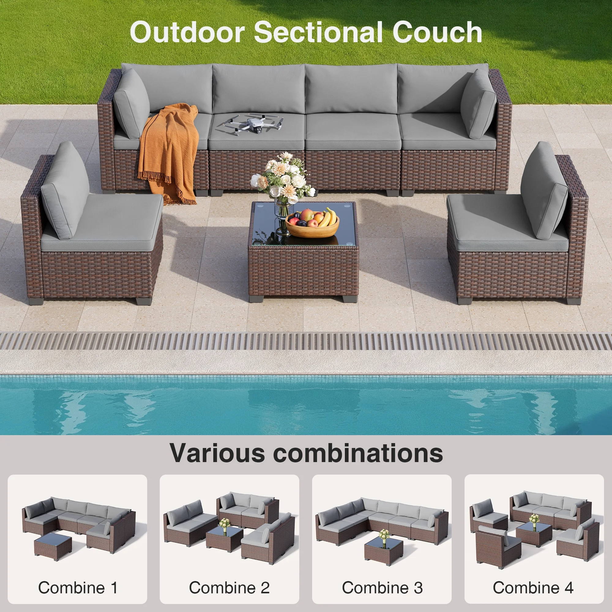 Aiho 7-Piece Rattan Patio Furniture Set , Outdoor Sectional Furniture Set for Patio, Garden, Backyard, Grey - Image 10