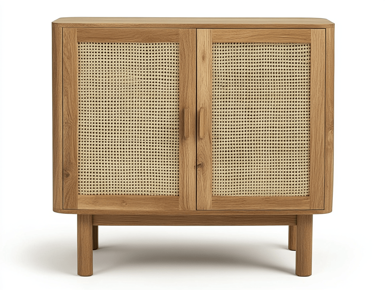 Armario de madera clara y ratán con dos puertas