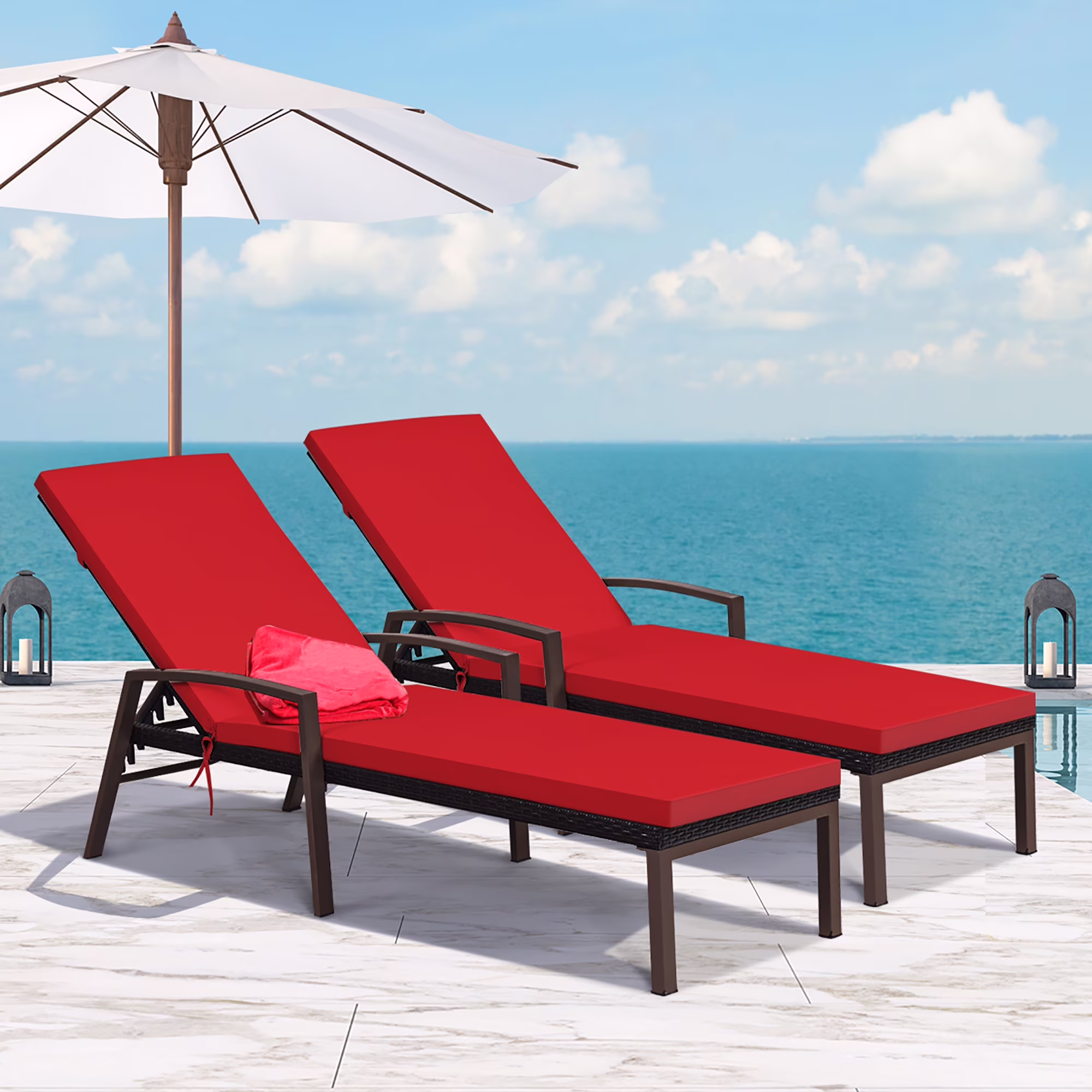 Costway 2PCS Patio Rattan Lounge Chair Chaise Recliner Back Adjustable Cushioned Red(Turquoise)