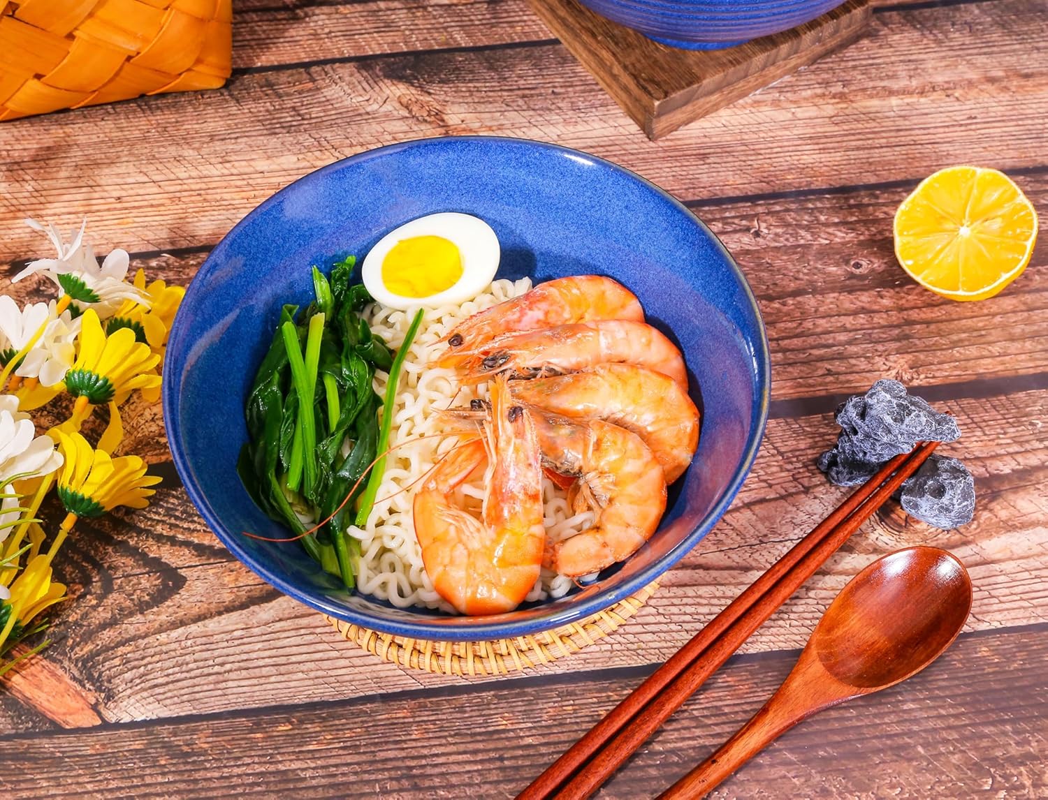 2x Ceramic Ramen Bowls - 40 oz - 20cm - With Spoon and Chopsticks for Ramen Soup Pho Udon Asian Noodles, Large Noodle Bowls (Blue glaze 2 sets)