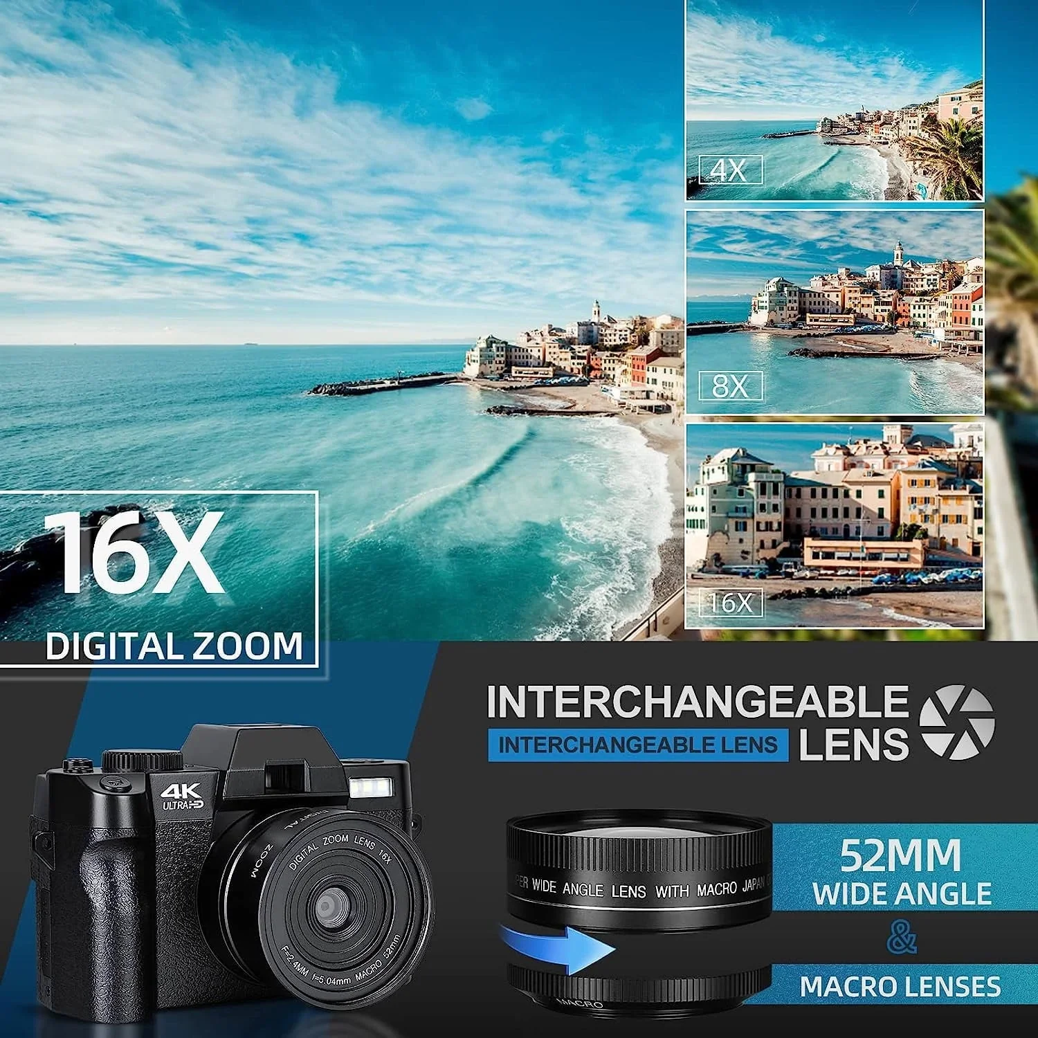 NBD Digital Camera 4K Ultra HD 48MP All-in-One Vlogging Camera with Wide Angle Lens, Digital Zoom 16x and 3