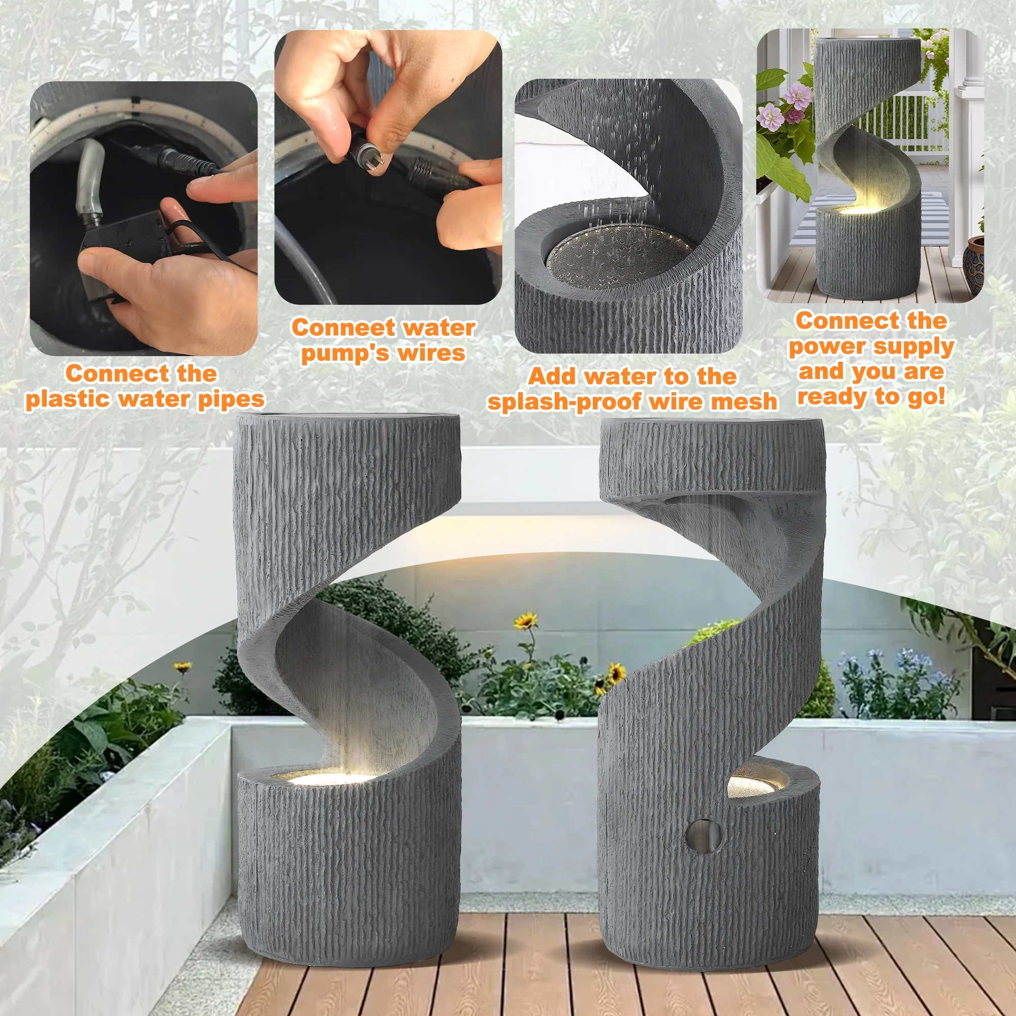 Magic Union Outdoor S-Shaped Water Fountain, Spiral Waterfall Indoor Fountain Outside Garden Decor with LED Lights & Pump, Curved Patio Resin Fountains for Yard, Deck, Porch and Home Decorations - Image 4