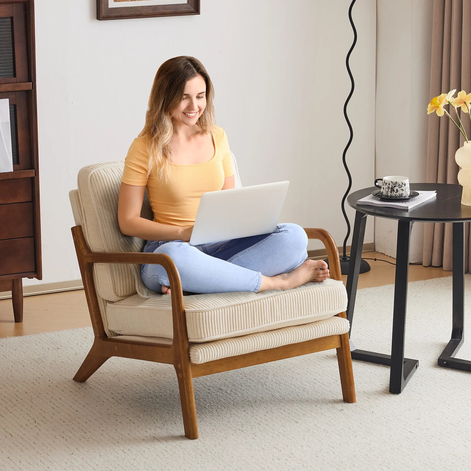 Ktaxon Accent Chair Corduroy Upholstered Armchair, Reading Club Chair with Pillow and Solid Wood Frame for Living Room Bedroom Furniture Off White - Image 6