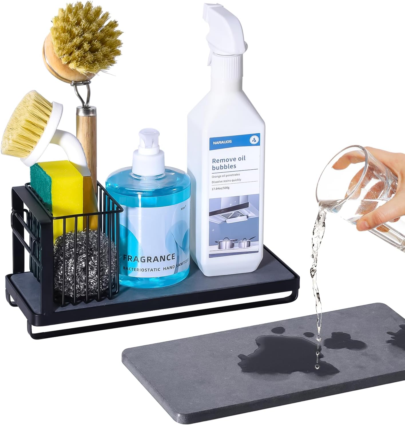 KONE Kitchen Sink Caddy: Sponge Holder for Kitchen Sink Counter with Instant Drying Stone and High Brush Holder, Rustproof Stainless Steel Sponge Holder for Sponges, Scrubbers, Soap (Black)