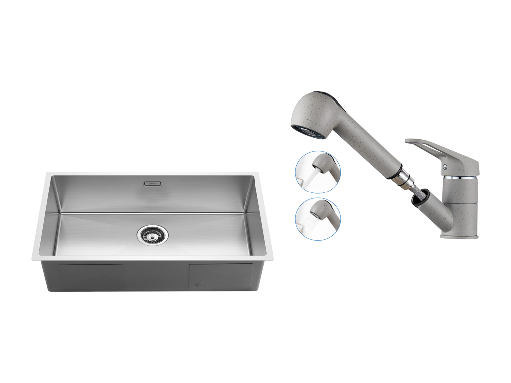 Fregadero Cocina 1 Bandeja 74*44*20CM 304 Inox,con Sifón y Trop-Plein+Grifo Cocina con Ducha Extraíble 2 Jets,Agua Fría y Caliente,Gris