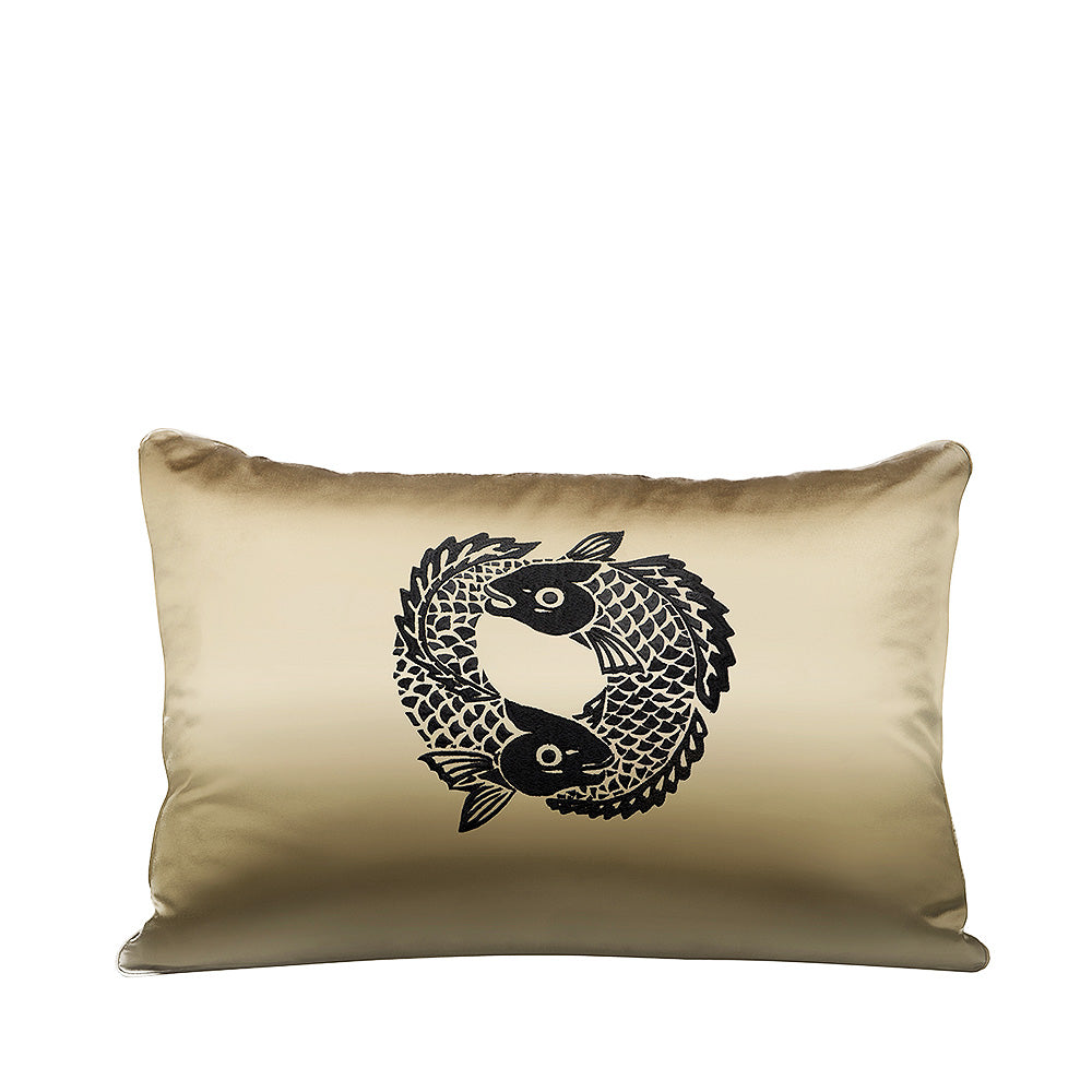 COUSSIN BRODÉ 2 POISSONS RECTANGULAIRE - SOIE PLATINE, BRODÉ NOIR, RECTANGULAIRE