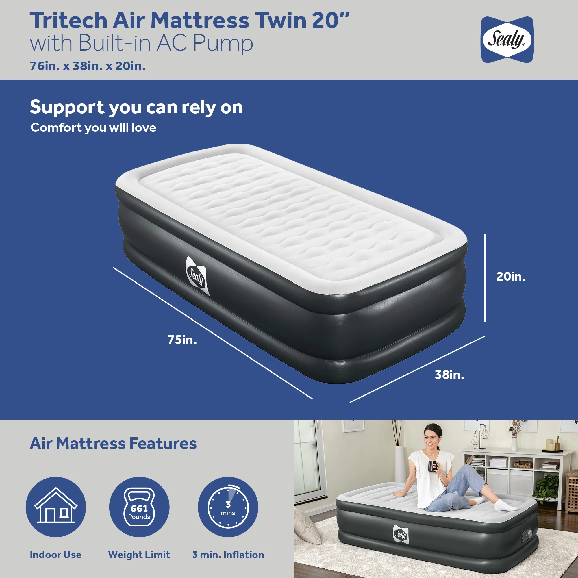 Sealy Tritech 20" Air Mattress Inflatable Bed Twin with Built-In AC Pump - Image 4