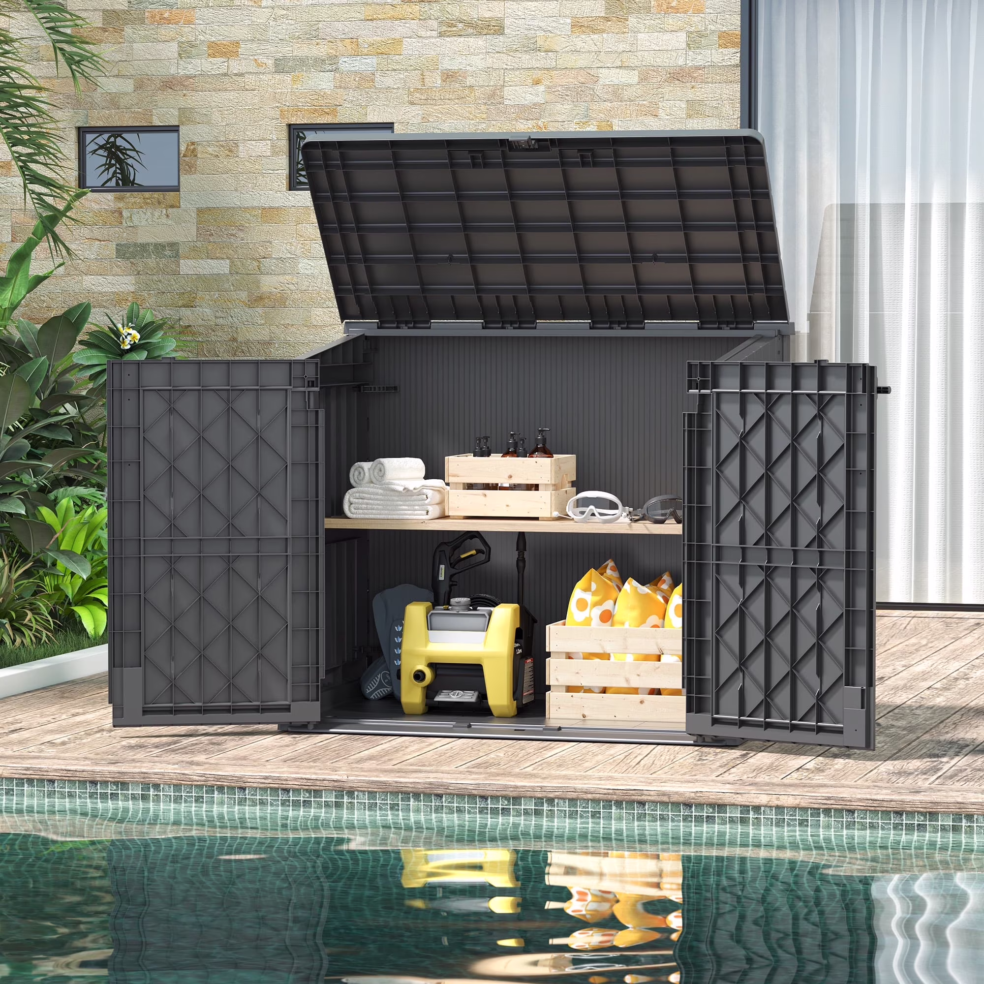 LHBCraft Outdoor Resin Storage Shed, 34 Cu. Ft. Weather-Resistant Garden Storage Box, Extra-Large Lockable Waterproof Shed for Bikes, Lawnmowers, and Garden Tools - Image 3
