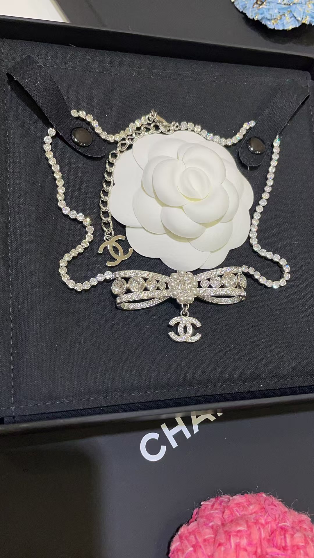 Chanel Rhinestone Strass Bowknot Pendant Necklace - Original Replica Club