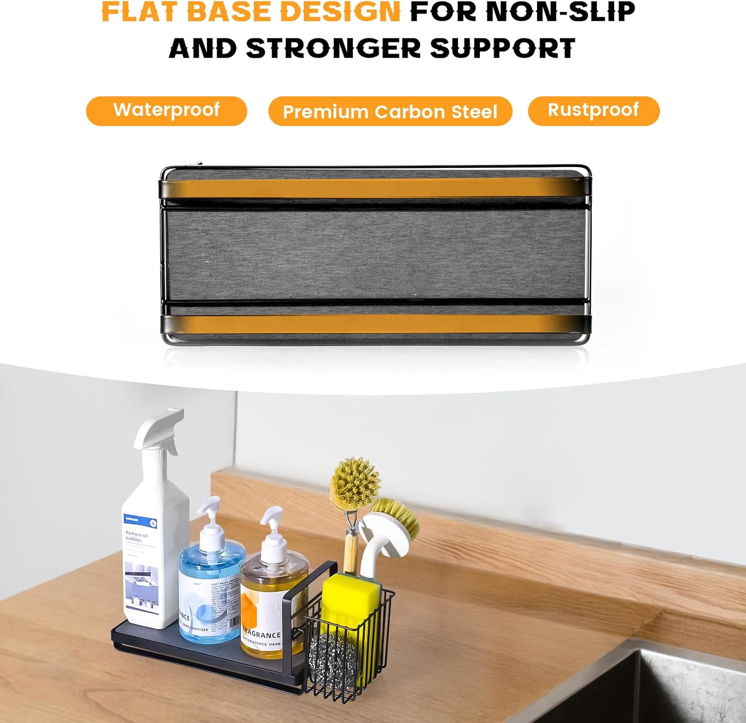 KONE Black Kitchen Sink Caddy: Kitchen Sponge Holder with Instant Drying Stone and Brush Holder, Rustproof Sink Organizer for Sponges, Soap, Home Decor Storage and Organization