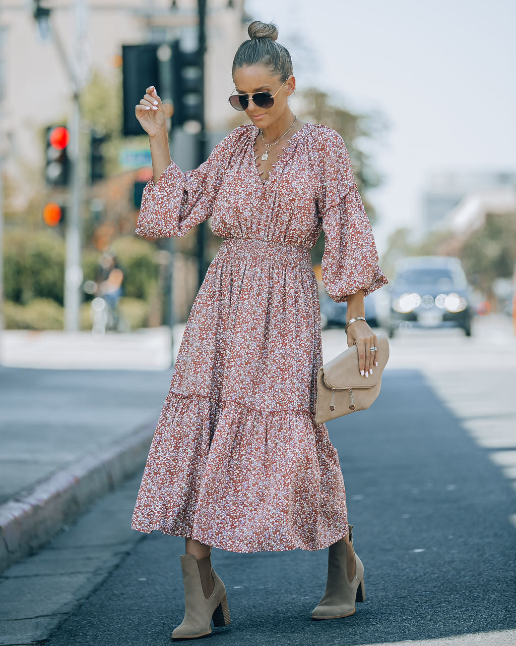 Autumn Flower Fields Smocked Ruffle Midi Dress - Se7enfashion