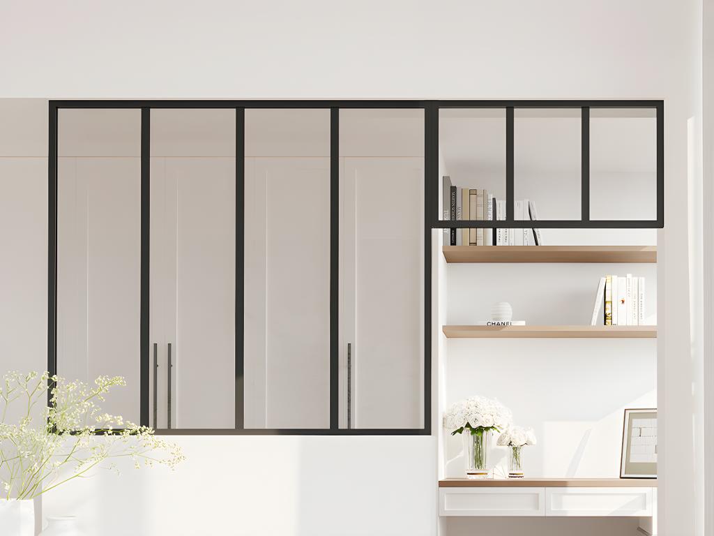Cristalera estilo taller con travesaño de aluminio termolacado - Ancho 120 x Alt. 105 + Ancho 73 x Alt. 40 cm - Negro - BAYVIEW