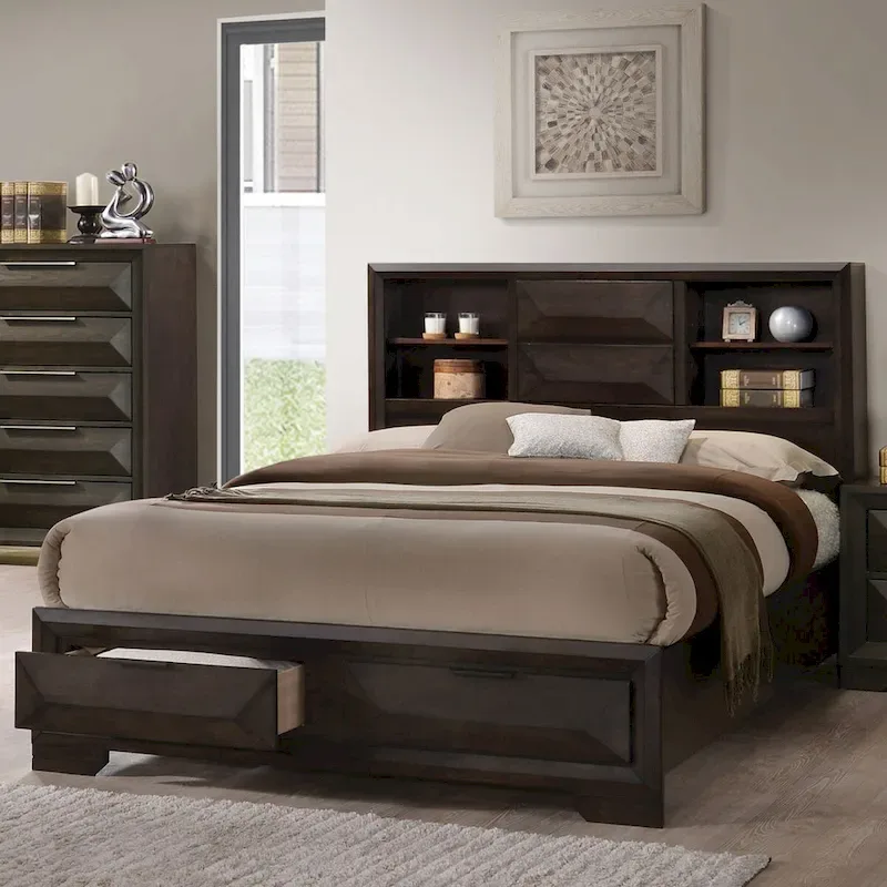 Furniture of America Zuloey Transitional Espresso Wood Platform Bed with Bookcase Headboard and Storage Drawers