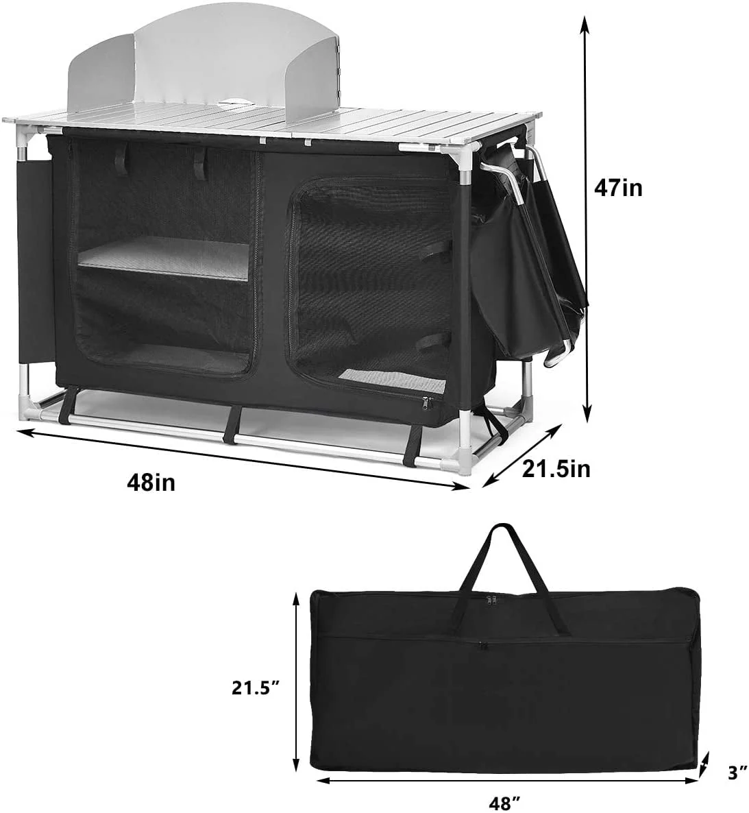 Camping Kitchen Table, Camping Grill Table w/Windscreen & Storage Organizer, Outdoor Kitchen Cook Station with Basin for BBQ, Party, Picnics, Backyards, BBQ Table - Image 7