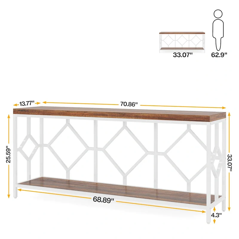 70.9-Inch Industrial Sofa Console Table with Open Storage Shelf - Extra Long Narrow Entry Table for Behind Couch