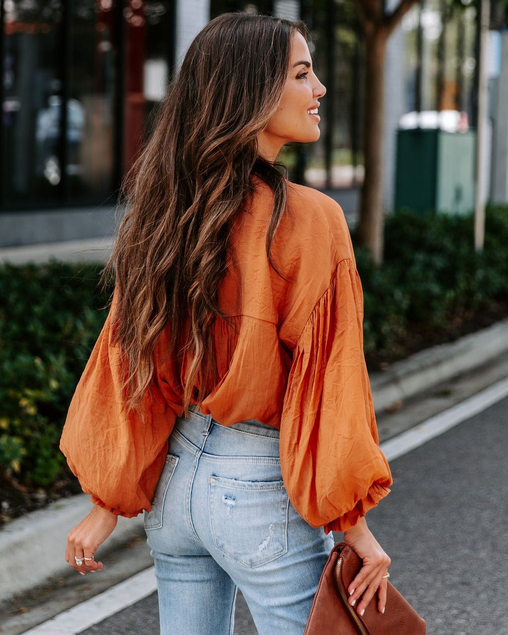Asher Balloon Sleeve Button Down Top - Clay - SALE - Se7enfashion