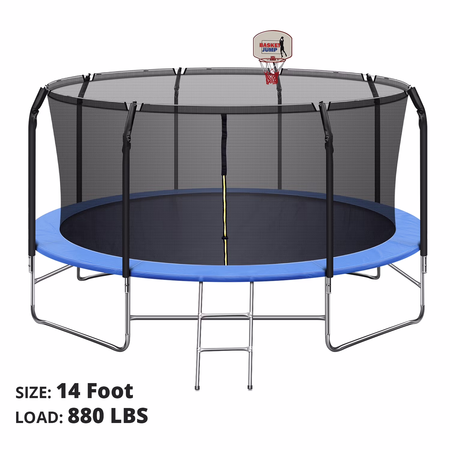 14FT Trampoline for Kids, Trampoline with Basketball HoopSafety Enclosure Net, 880 lb Capacity 4 Kids, Waterproof Mat and Ladder, Outdoor Backyard Trampoline