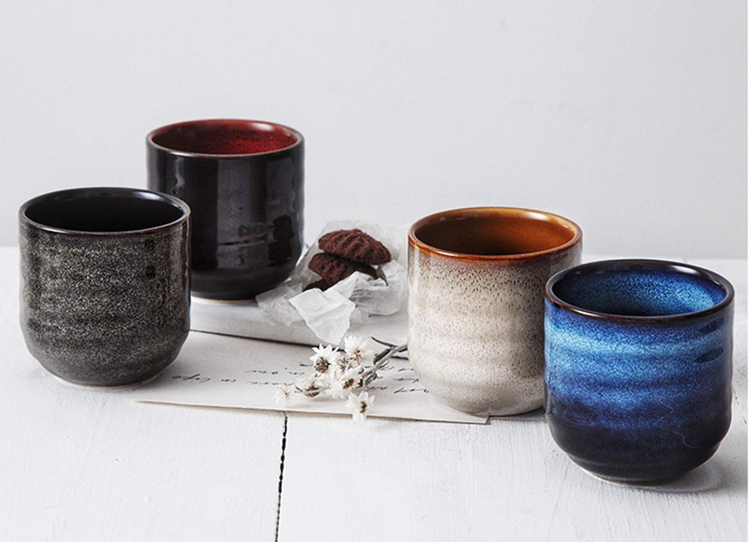 Japanese Style Ceramic Tea Set, Tea Cup, Coffee Cup, Yerba Mate Set, Ceramic Mate Cup Set of 4 (Brown grey)