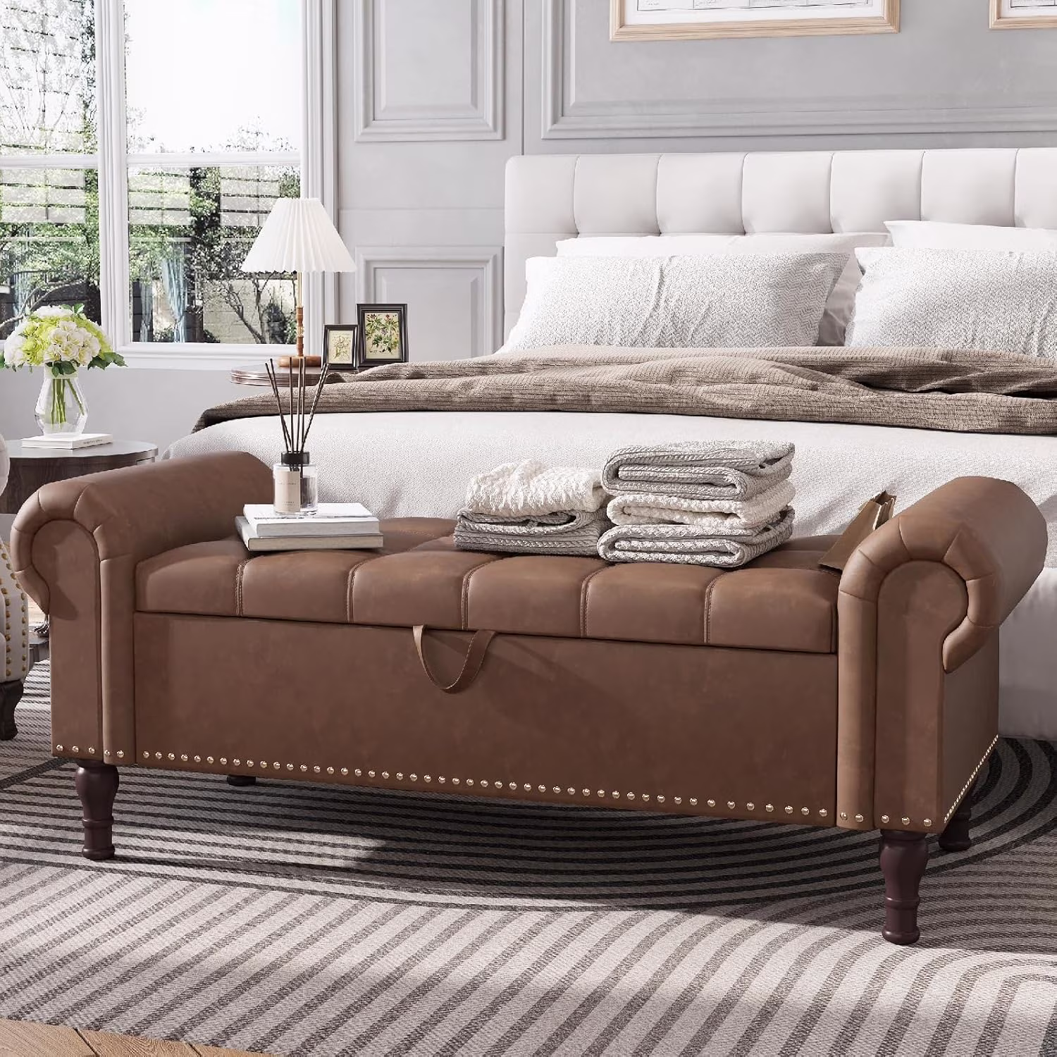 YOUDENOVA Storage Ottoman Bench for Bedroom 51" Queen Leather Storage Bench with Button, Upholstered Bedroom Bench with Rolled Arms for Living Room, Storage Room, Entryway, Gray - Image 5