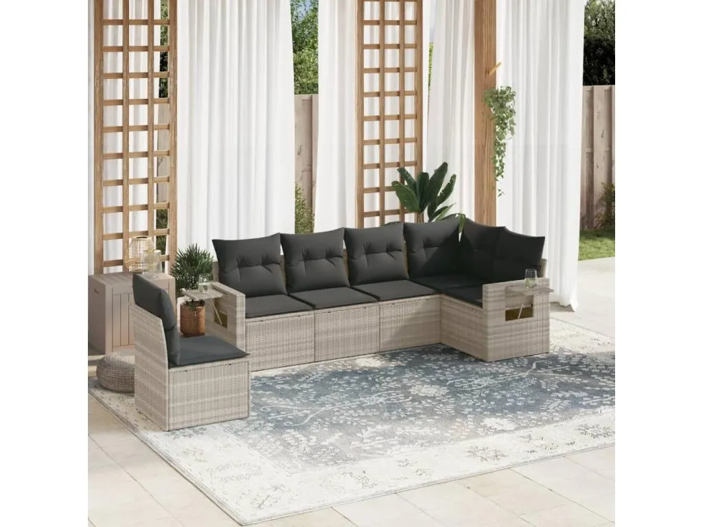 Set de sofás de jardín 6 pzas y cojines ratán sintético gris