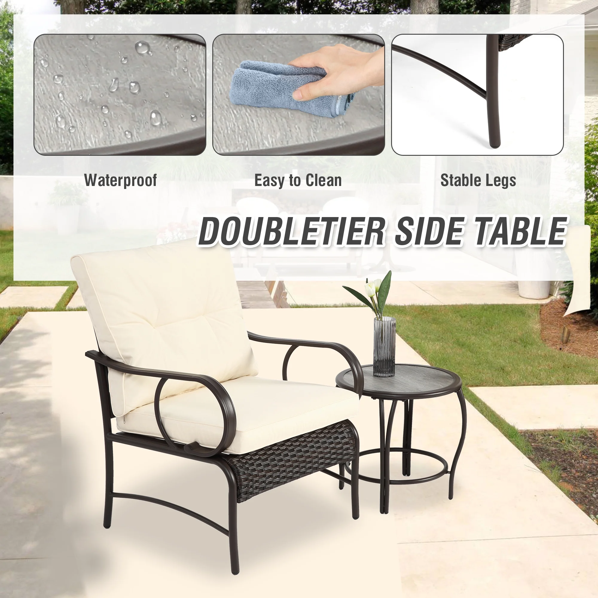 Villeston 3 Piece Outdoor Wicker Conversation Patio Set, with 2 Chairs, Table for Porch Garden,Blue - Image 22