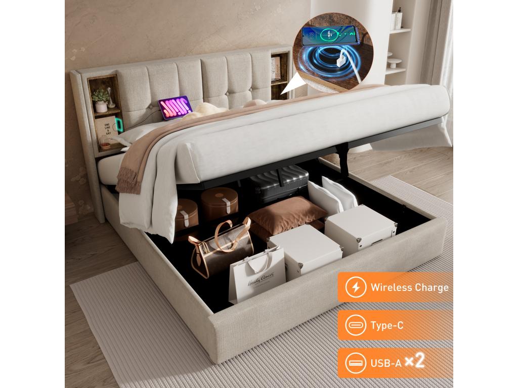 Cama de adulto, marco de cama doble tapizado de 180x200 cm con espacio de almacenamiento y cargador USB C inalámbrico, marco de cama de madera y lino natural