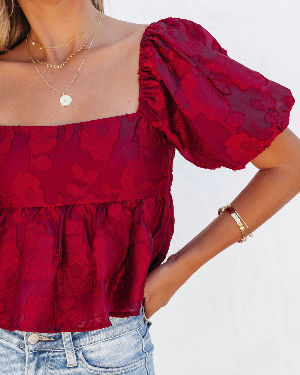 Forbidden Fruit Puff Sleeve Babydoll Top - Burgundy - Se7enfashion