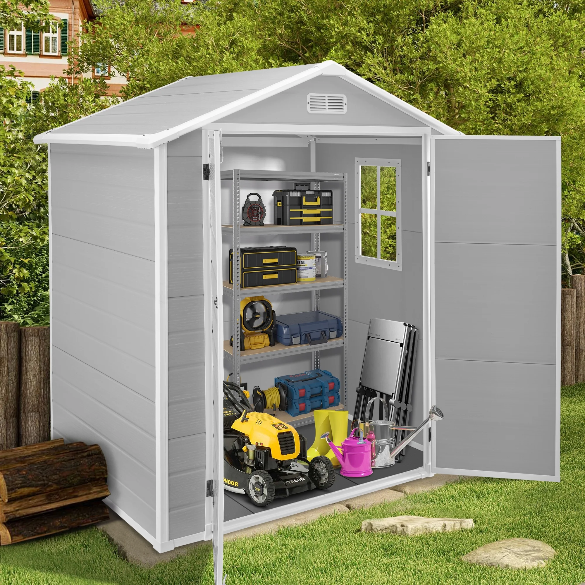 Syngar 6' x 4' Outdoor Plastic Storage Shed, Tools Storage Shed, All Weather Garden Shed with Lockable Doors, Reinforced Floor and Pitched Roof, Outdoor Storage Shed for Backyard, Patio, Lawn - Image 2