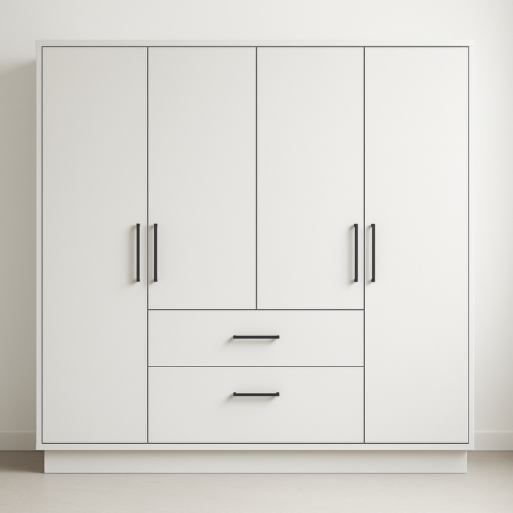 Armario de Madera Blanco 4 Puertas 2 Cajones 180x200x60 cm