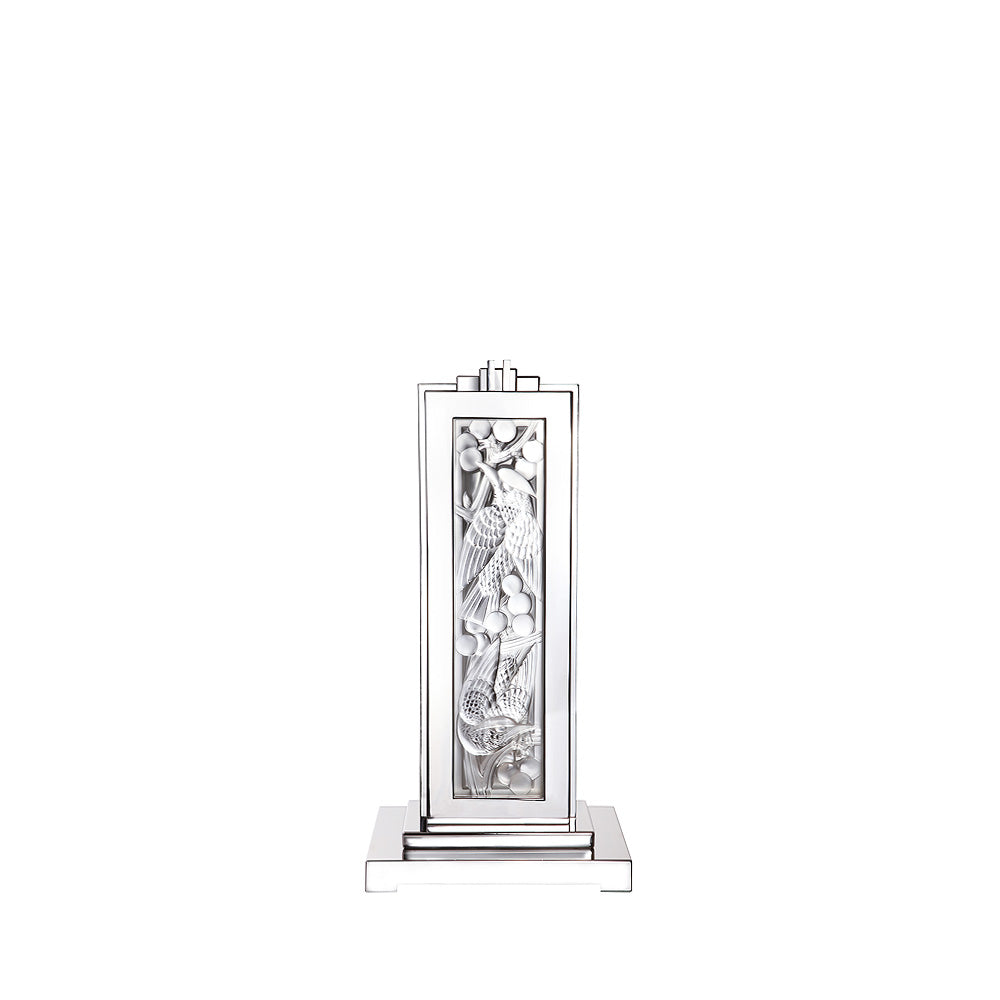 LAMPE MERLES ET RAISINS - CRISTAL INCOLORE ET CHROMÉ, ACIER POLI