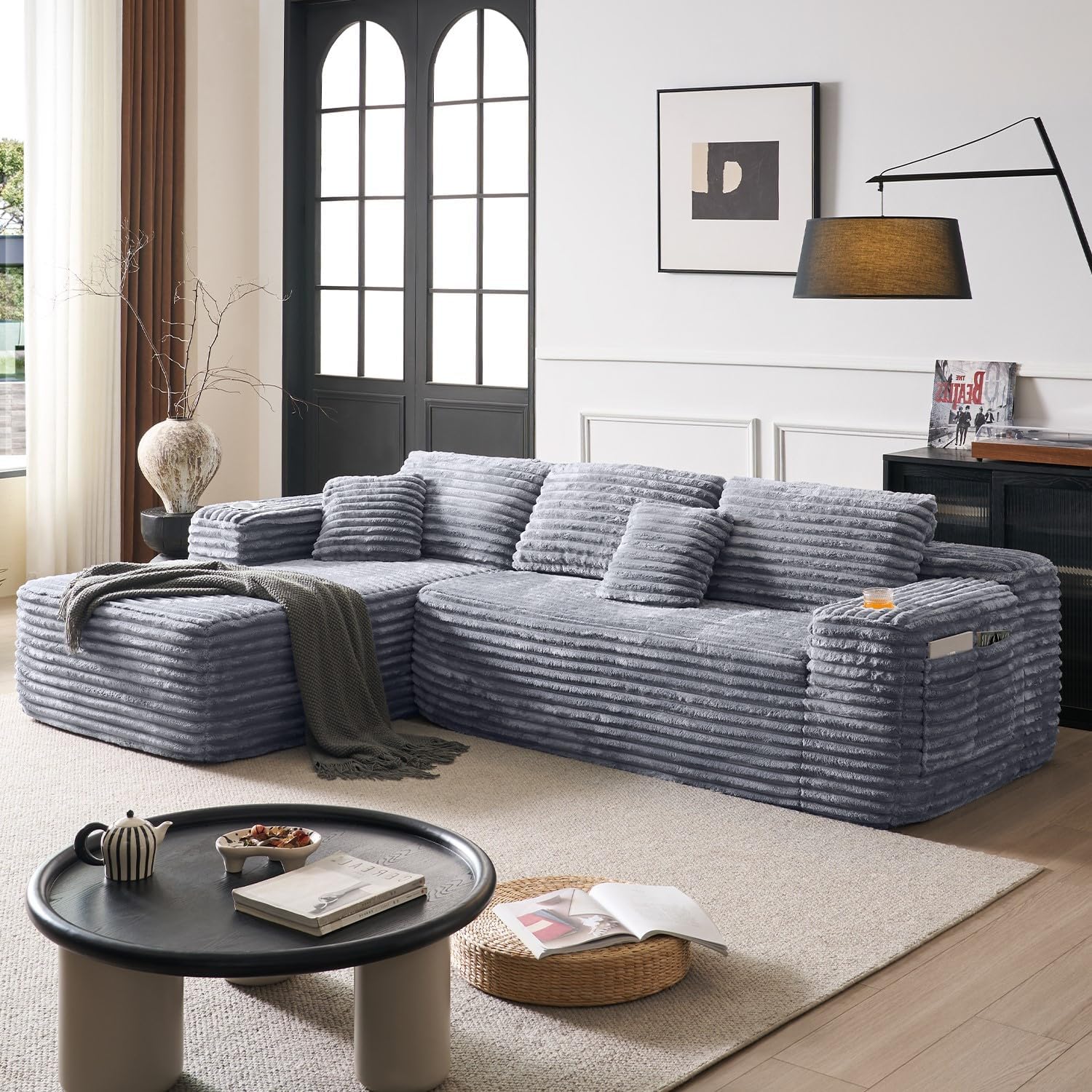 Cloud section sofa with L-shaped recliner modern modular sofa built-in cup holder