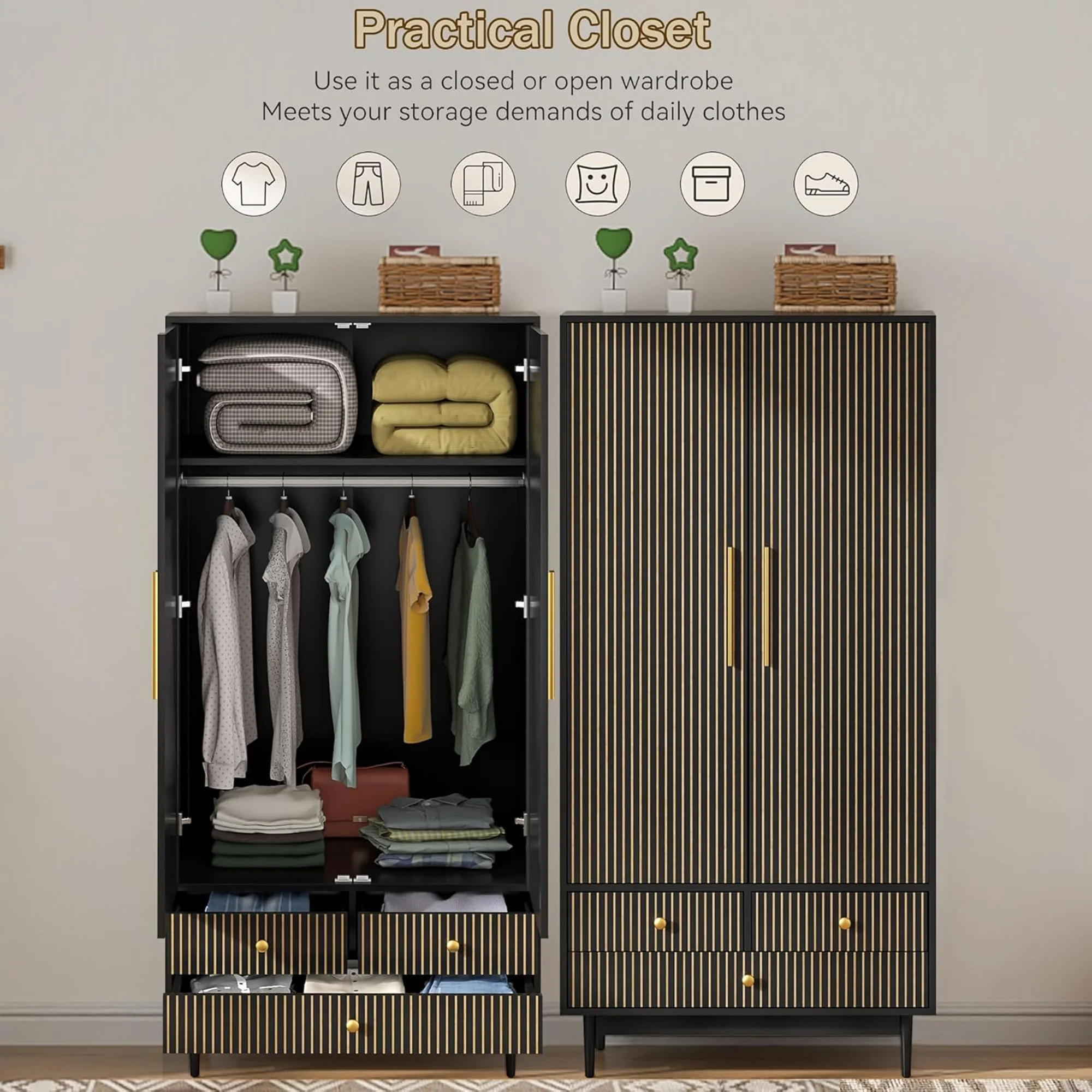 Oubayajia Wardrobe Armoire Closet, 2 Fluted Doors Wardrobe Cabinet with 3-Drawer and Hanging Rod, Wood Wardrobe Storage for Bedroom - Image 15
