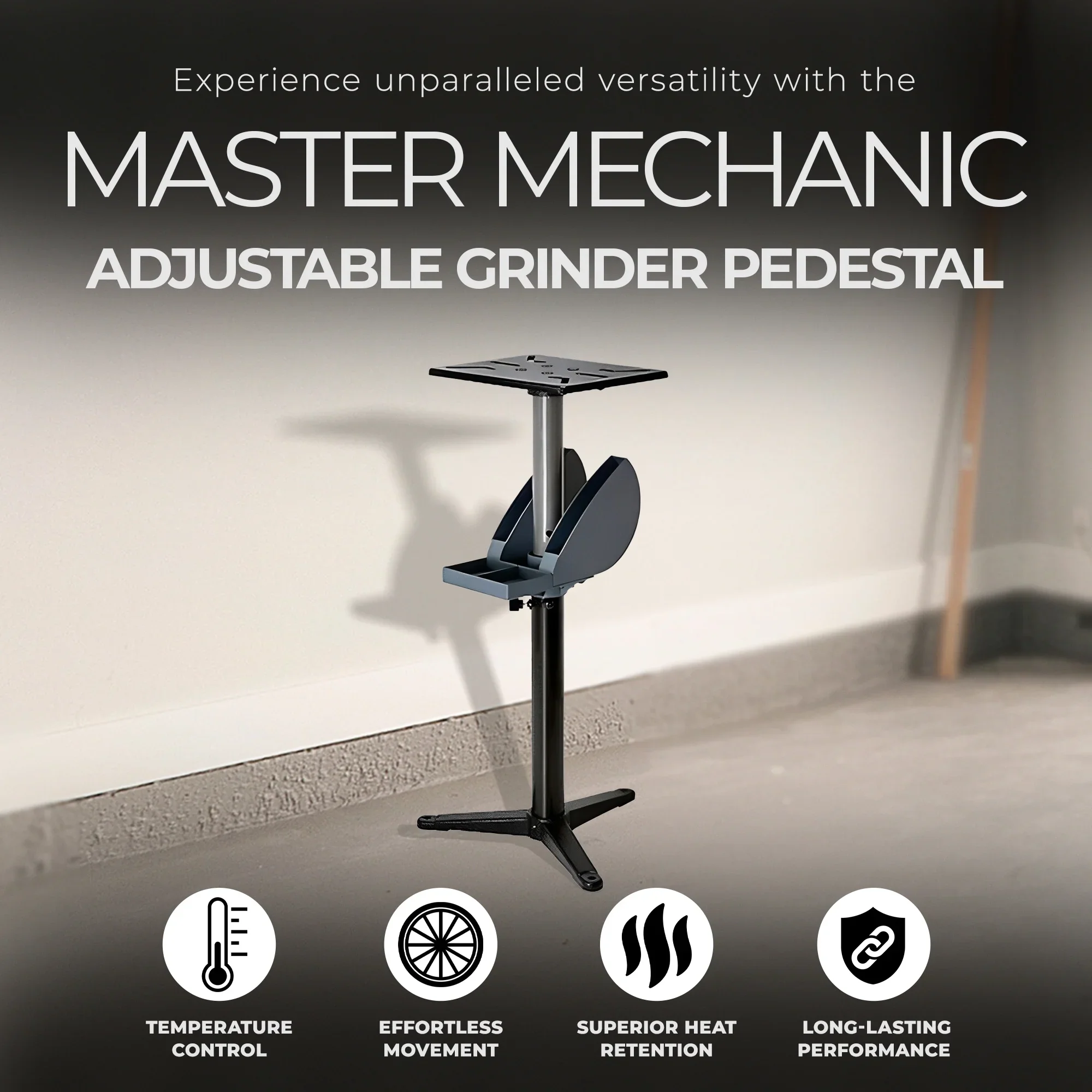 Master Mechanic Adjustable Cast Iron Base Grinder Pedestal with Tool Holder