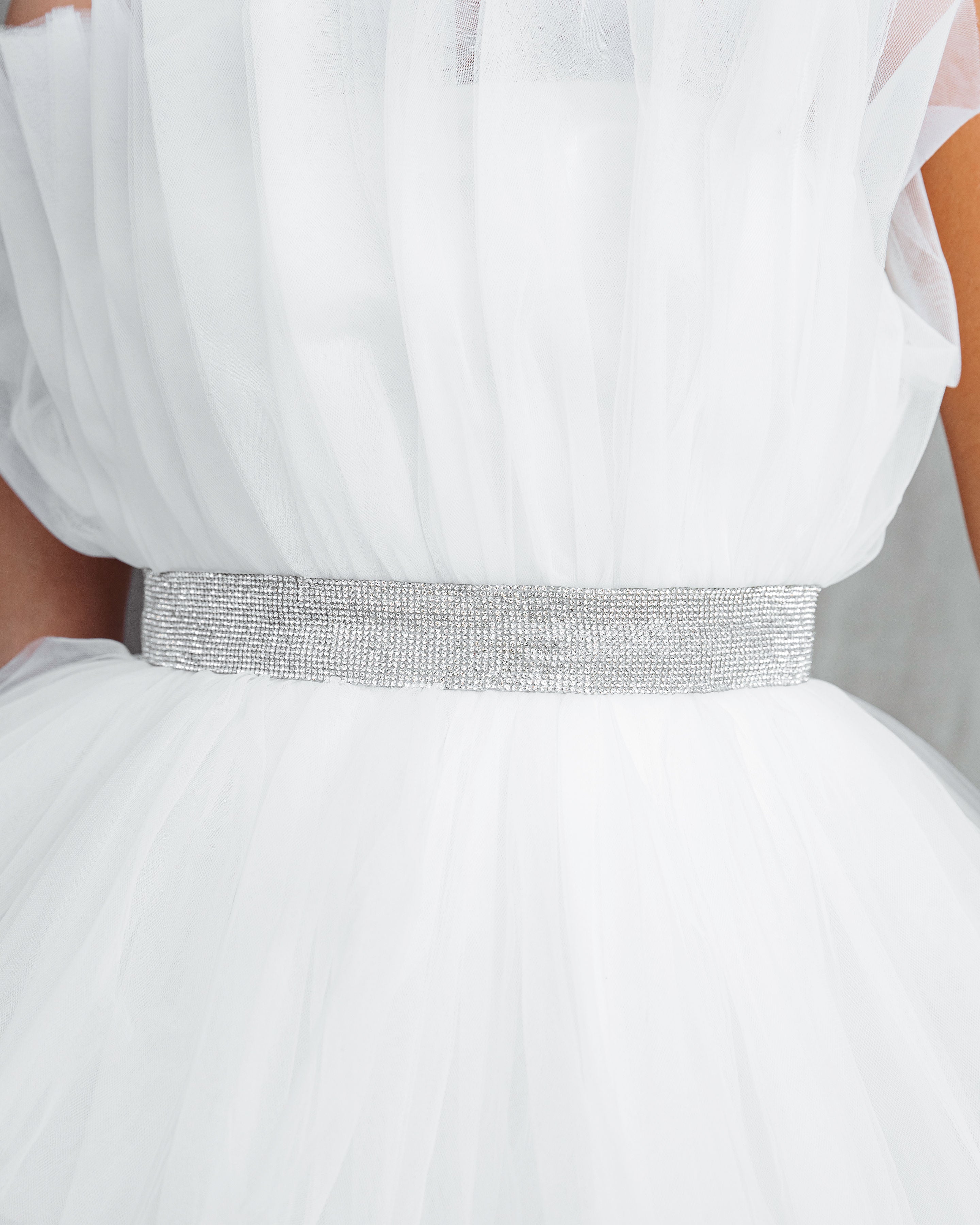 Beauty Queen Strapless Tiered Tulle Embellished Mini Dress - White - Se7enfashion