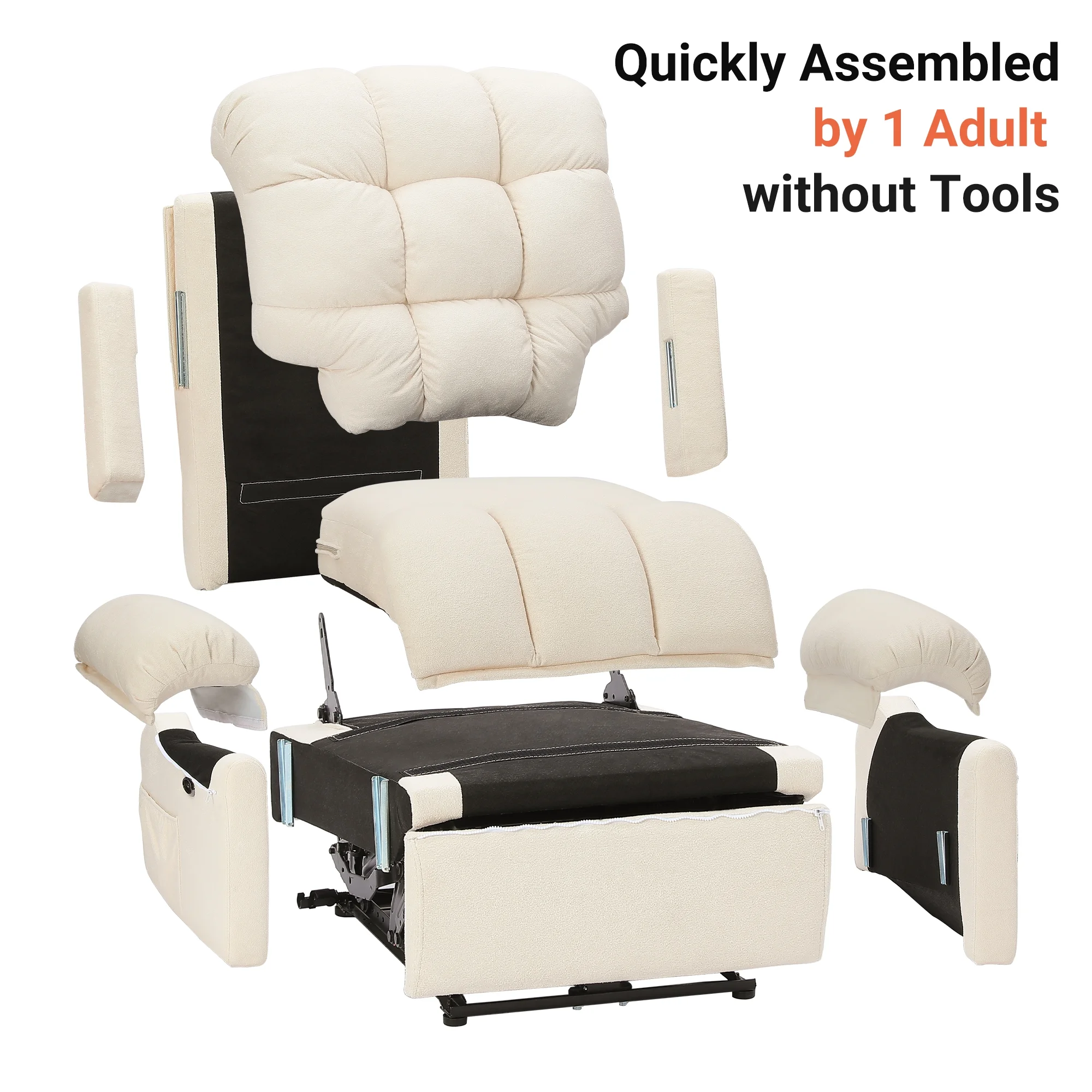 Power Recliner Chair,Electric Recline Sofa Chair for Adults with USB Port,Comfy Teddy Fleece Adjustable Cloud Sofa,Tool-Free Setup,Beige White - Image 8