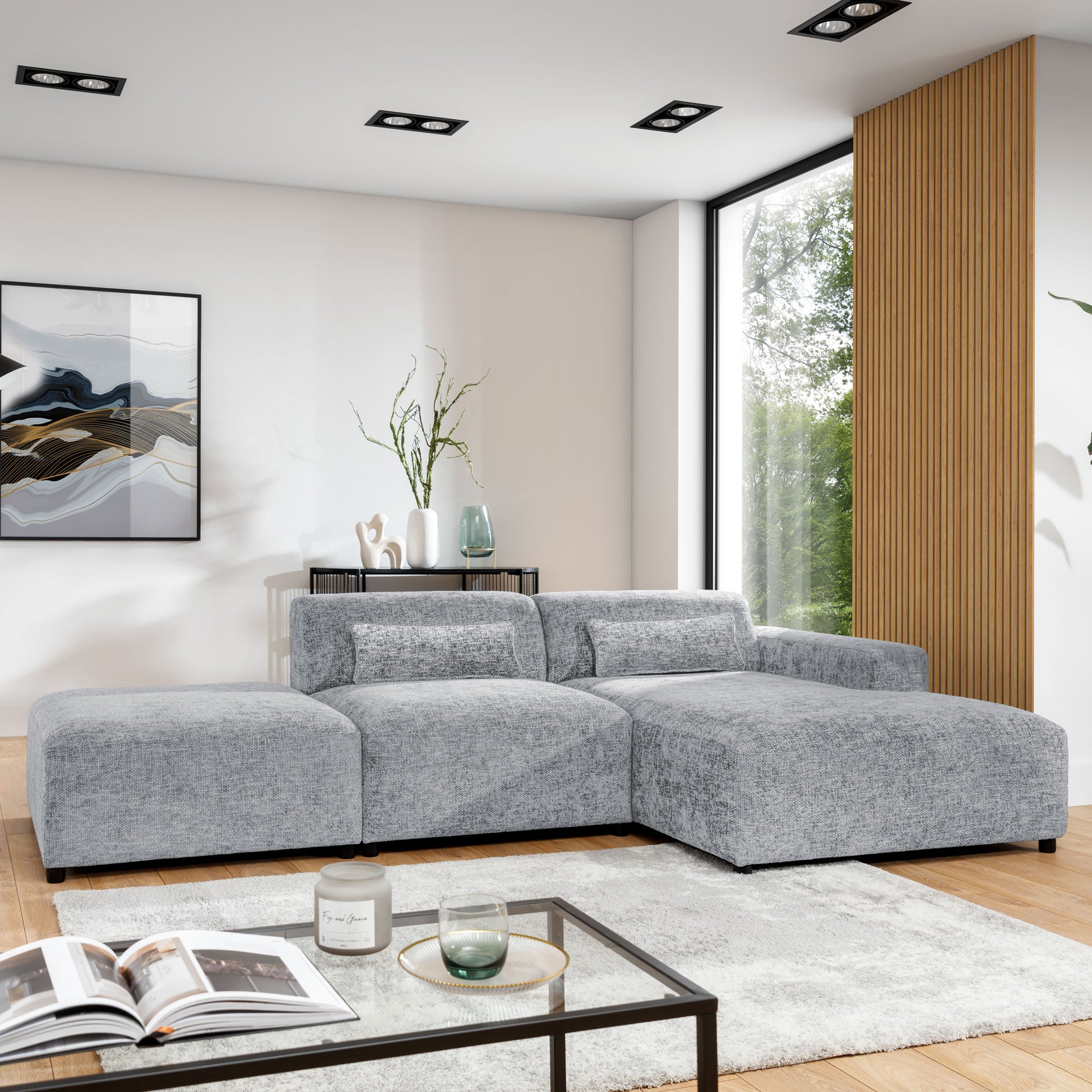 Blokker Velura Hoekbank Rechts met Hocker - Chenille - Grijs