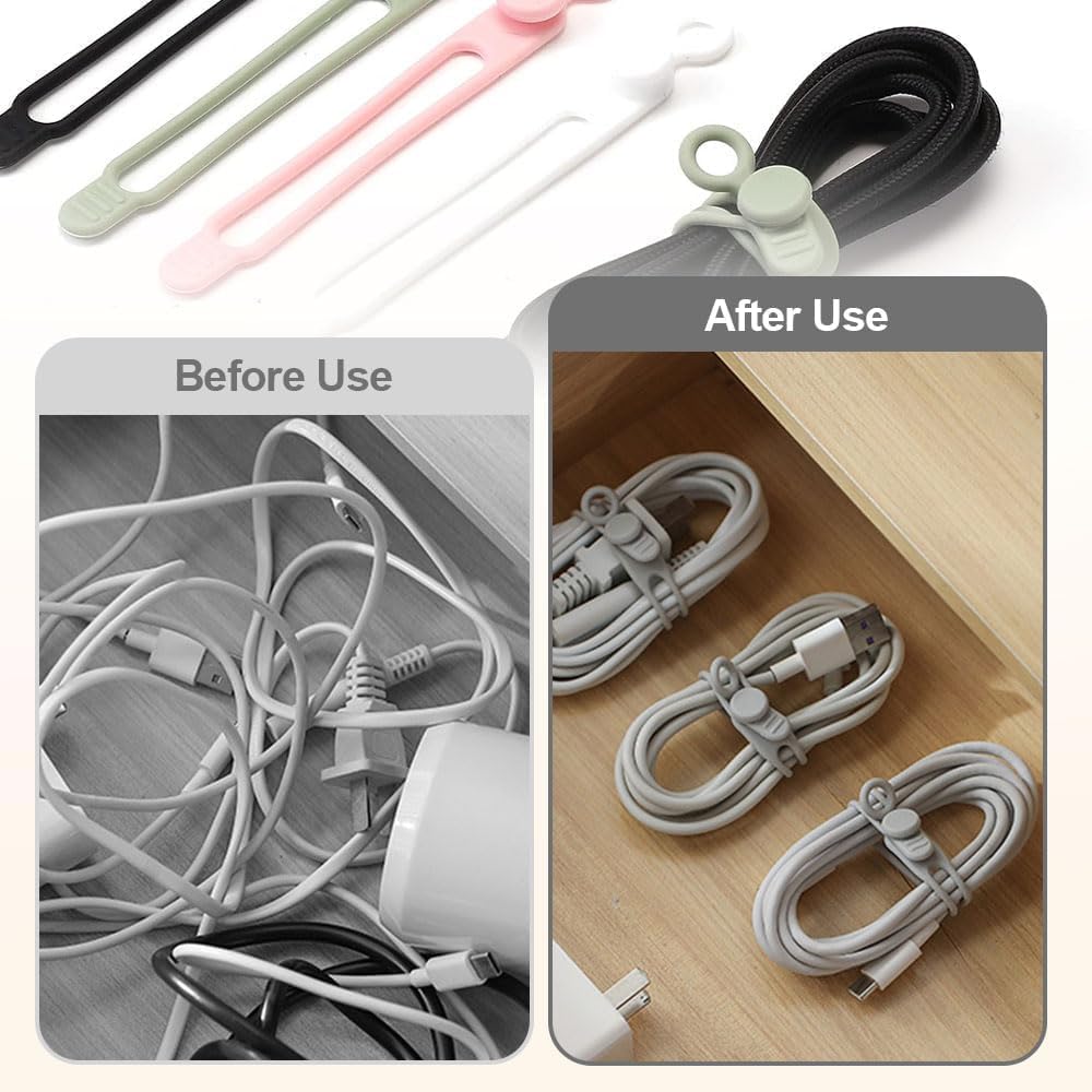 10Pcs Silicone Cable Ties, 2026 New Data Cable Organizer, Silicone Cable Ties Cable Management Organizer, Cable Management for Fastening Charger Home Office Desk Kitchen Appliances Cords Wires (10pcs)