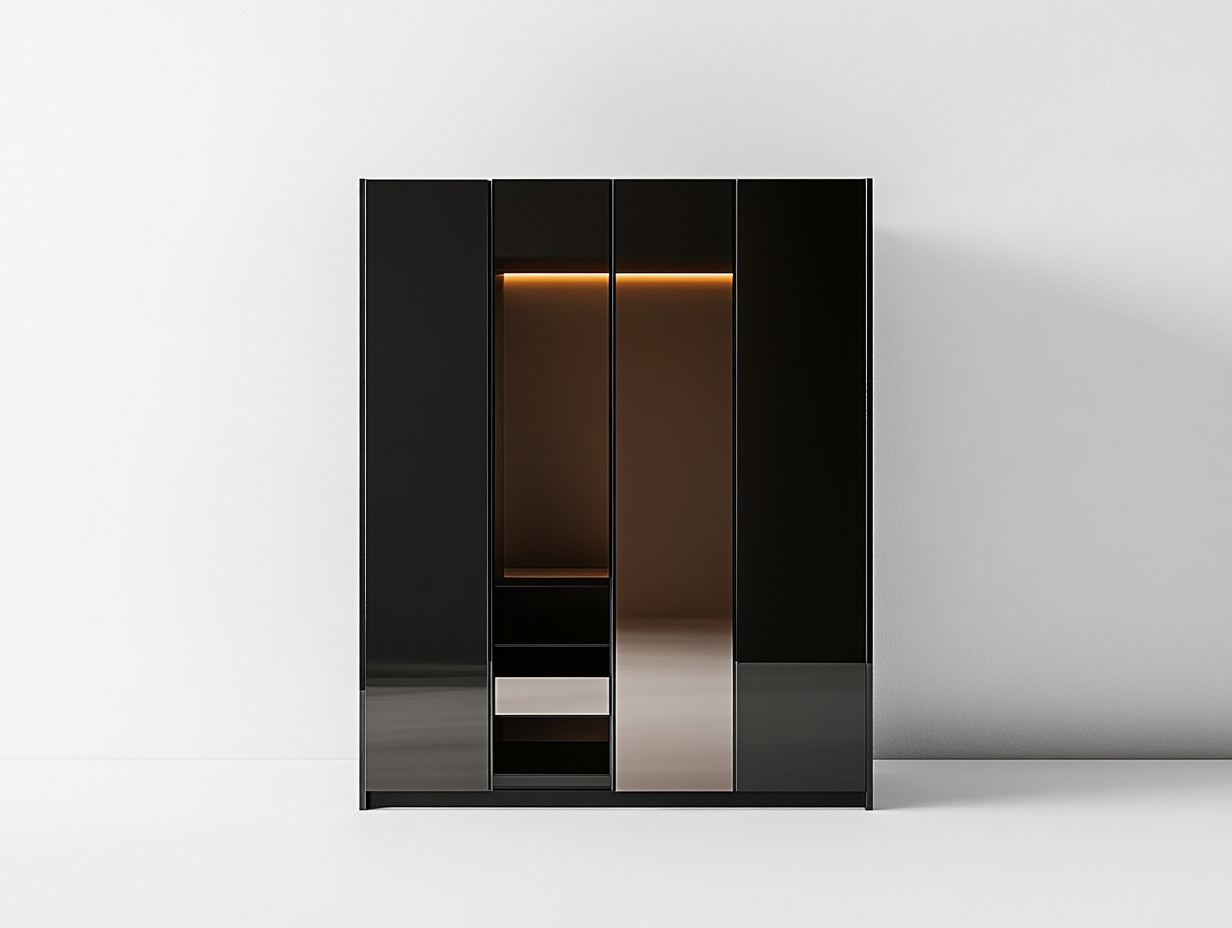 Armario negro de alto brillo con puerta espejo y luz LED integrada
