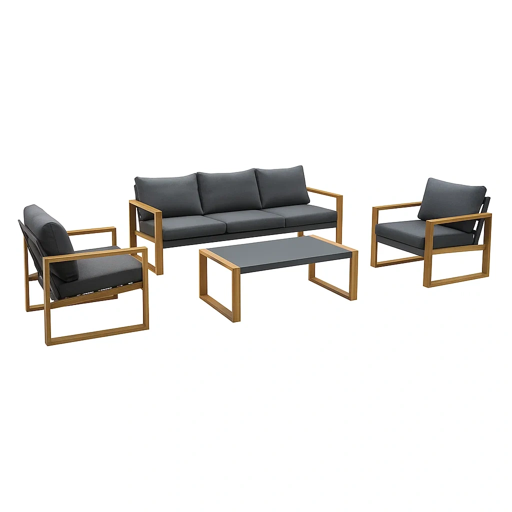 Conjunto de salón de jardín de madera con cojines grises,Sofá de 3 plazas, 2 sillones, 1 mesa de centro - TwNGnLR206tu