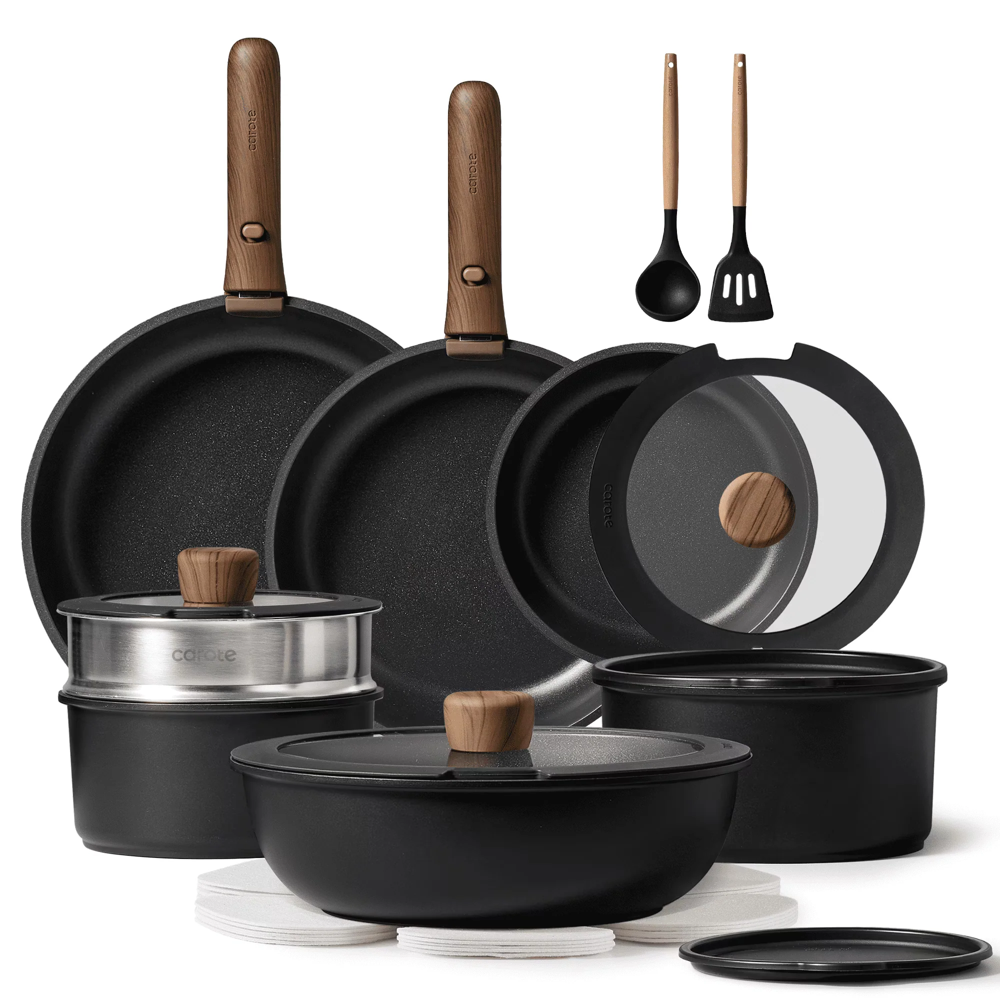 Carote 21 Pcs Nonstick Cookware Set, Pots and Pans Set with Detachable Handles, Oven/Dishwasher Safe, Stackable Kitchen Cooking Set, White Granite.