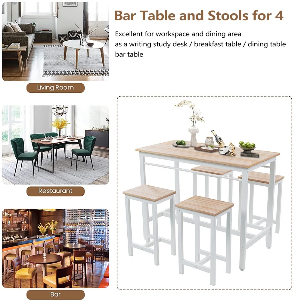 Counter Height Table Set of 5, Breakfast Bar Table and Stool Set, Minimalist Dining Table with Backless Stools, Wood Top Pub Table & Chair Set for Kitchen Apartment Bistro - Space Saving - Image 43