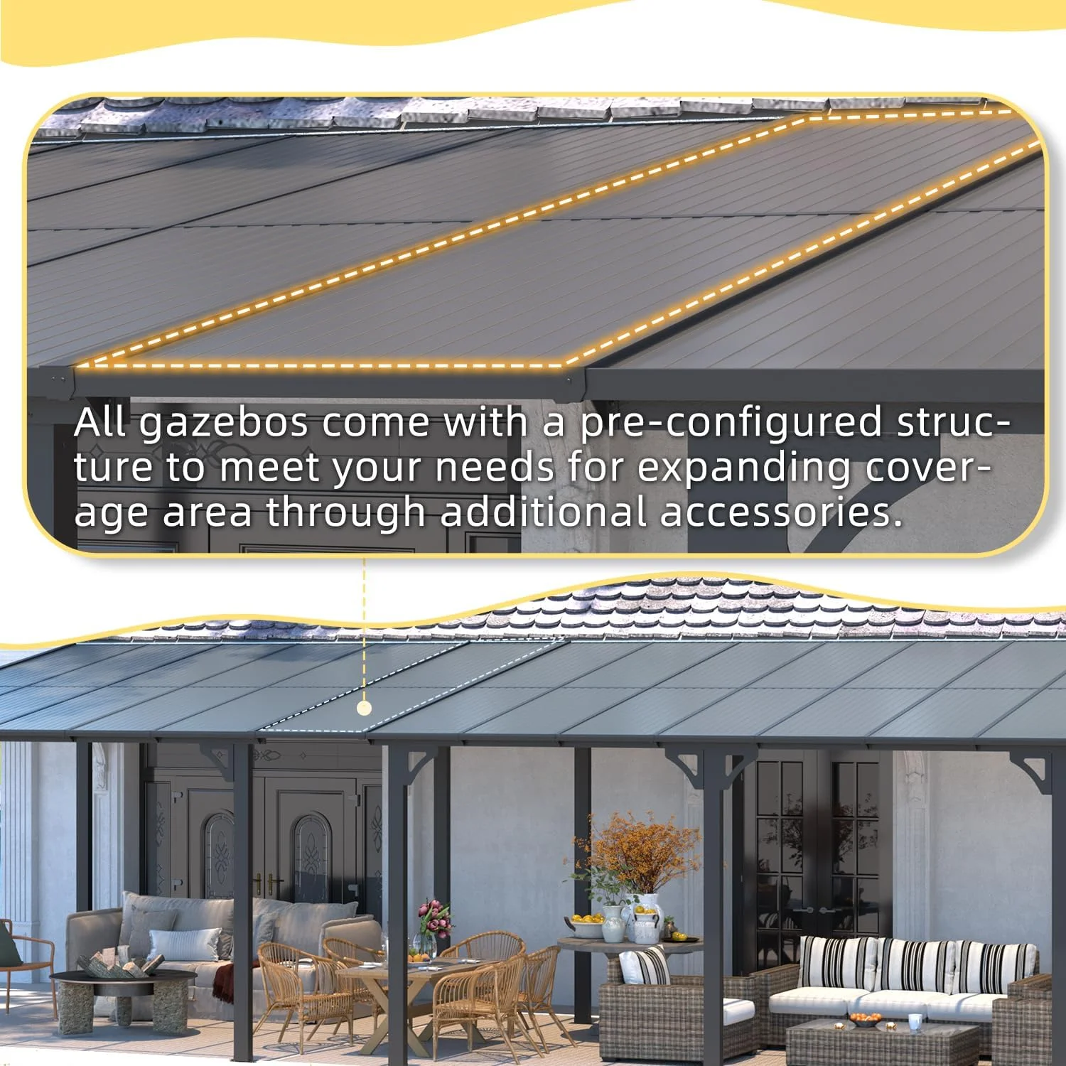 12' x 14' Outdoor Pergola Gazebo, Wall-Mounted Lean to Metal Awnings Gazebos on Clearance for Patio, Large Panel Roof Pergolas and Gazebo for Outdoor Use - Image 3