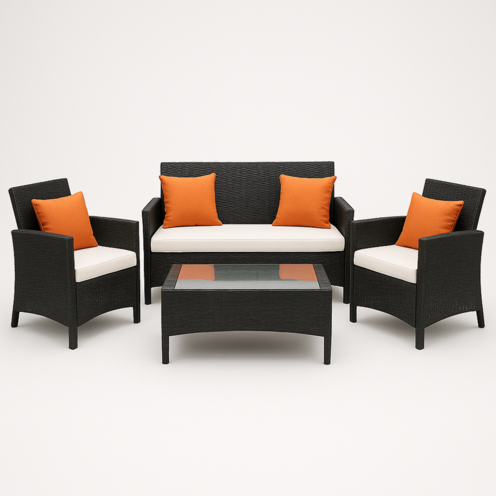Conjunto de Exterior 2 Sillones y Sofá de 2 Plazas con Mesa de Centro y Cojines Blancos y Naranja